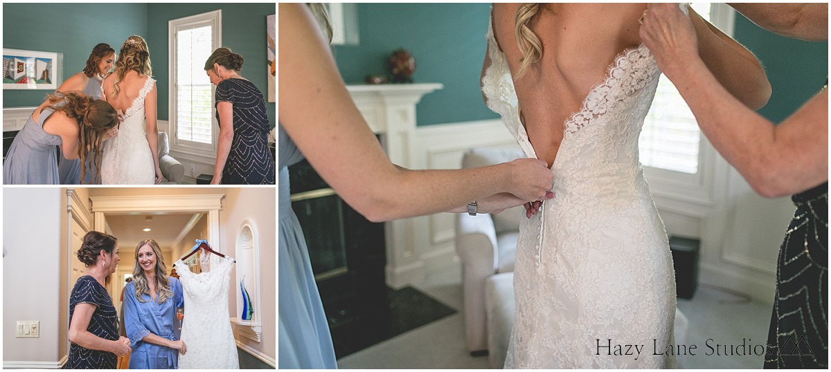 bride getting dressed at home