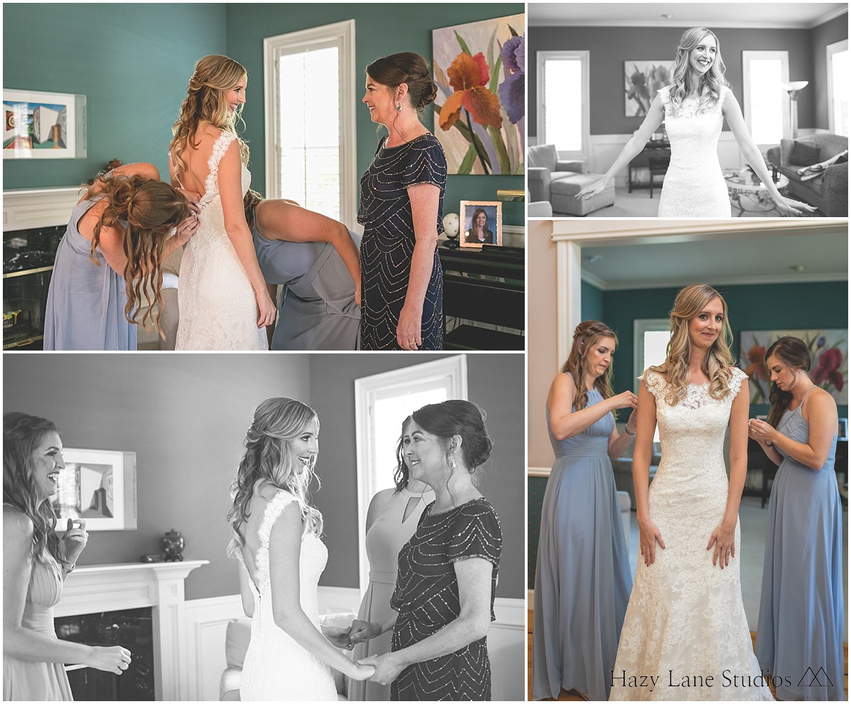 bride getting her wedding dress on at home