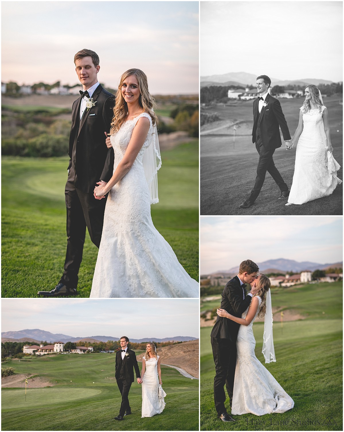 bride and groom walking together on the golf course