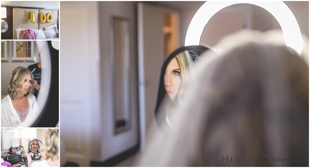 bride gettin ready with mirror and ring light