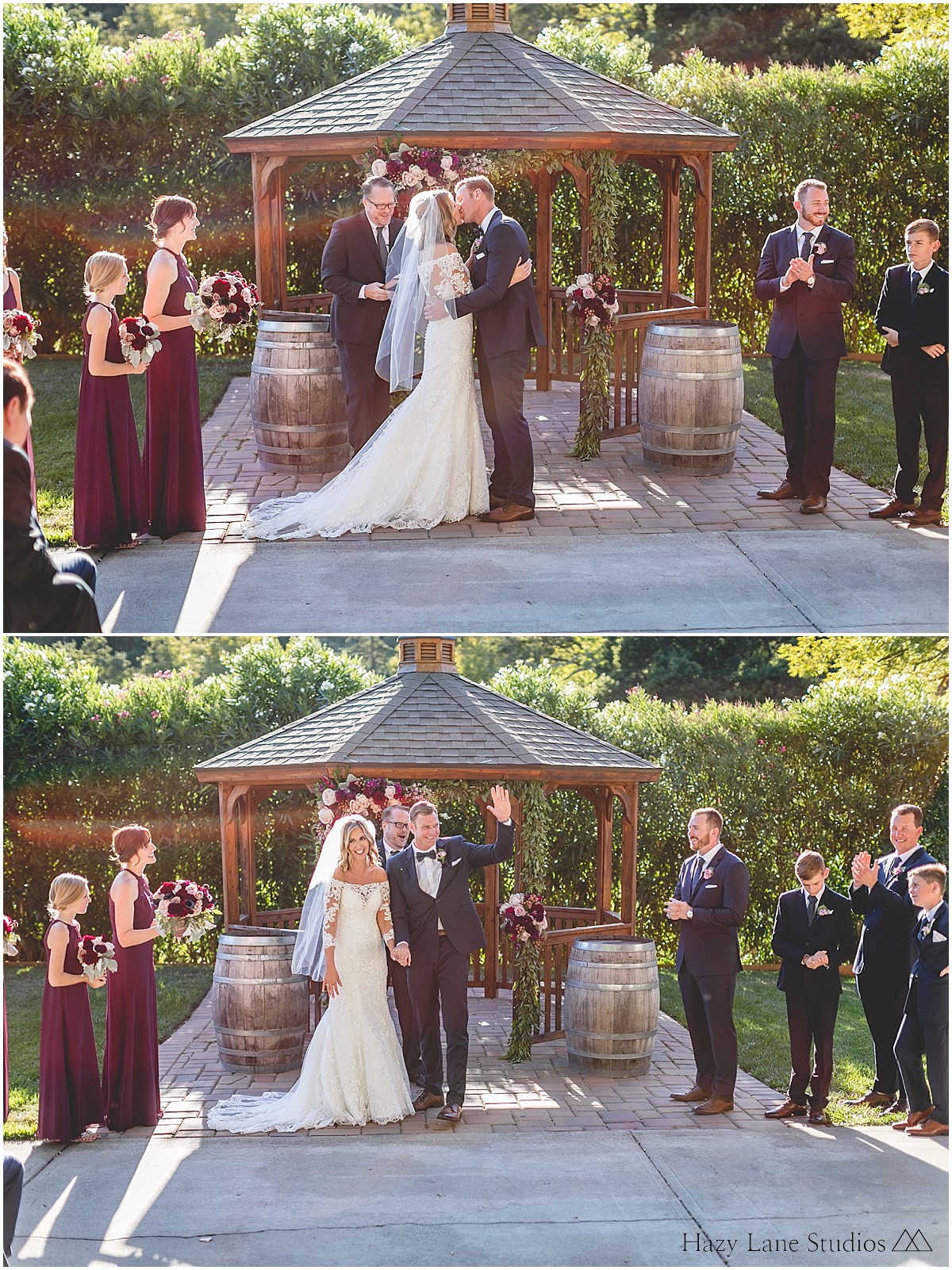 first kiss at elliston vineyards wedding ceremony 