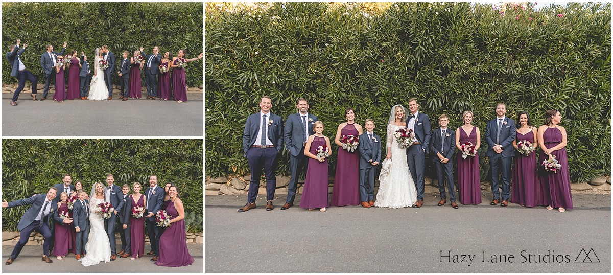 plum and navy blue large wedding party