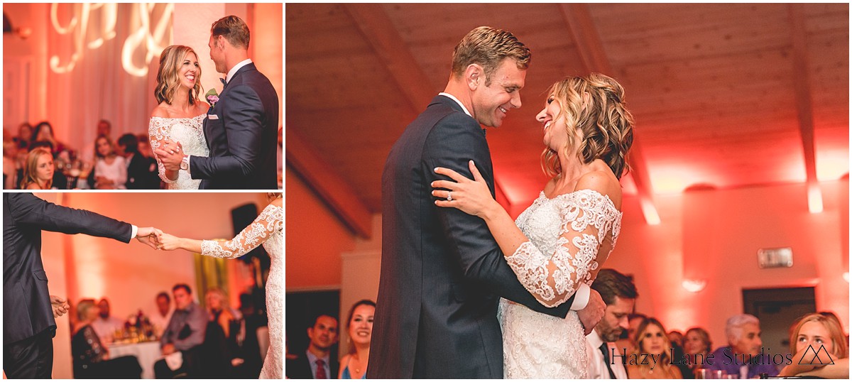 couple dancing with orange uplighting at wedding reception