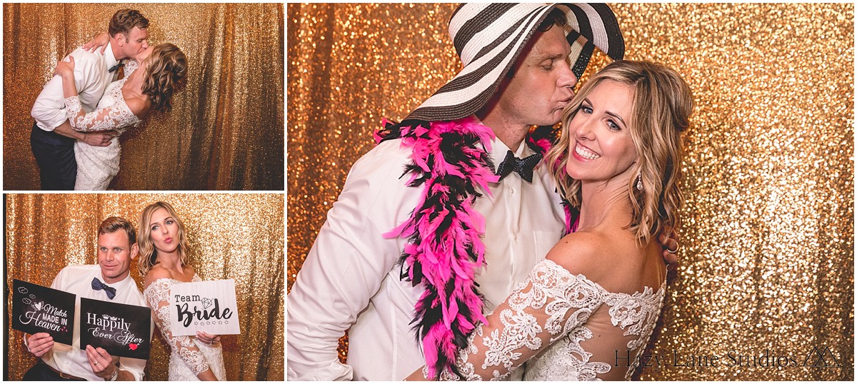 wedding photo booth with gold sequin backdrop