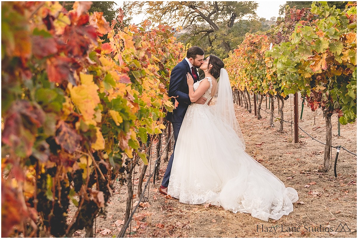 wedding couple kissing at elliston vineyard